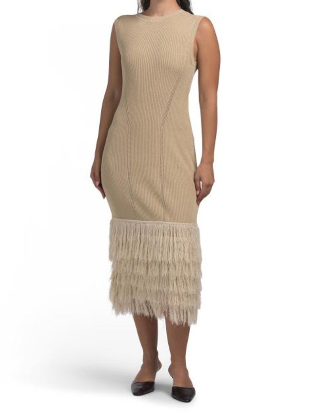 MILLY Raz Metallic Ribbed Dress With Fringe Trim